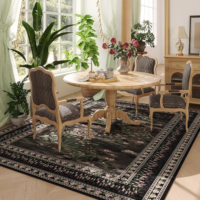 Rugcomf Area Rugs 8x10 Clearance Impressionist-Style Vintage Washable Area Rug Non Slip Low Pile Large Rug for Bedroom Farmhouse Dining Room Kids Playroom, Black