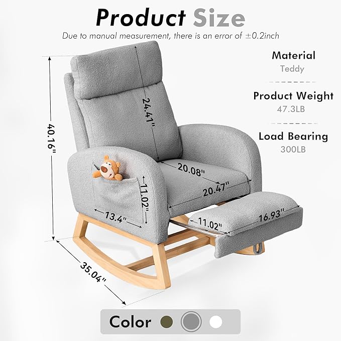 FOXHUNTER Rocking Chair for Nursery with High Backrest & Foot Rest-Nursery Rocking Chairs with Side Storage Pocket for Breastfeeding,Modern Glider Chair for Baby Bedroom,Living Room,Teddy Grey