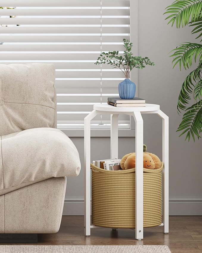 TUTOTAK Small Side Table, Round End Table, Night Stand, Bedside Table, Set of 2, Sofa Table with Storage Basket, Living Room, Bed Room, White and Beige TB01BWN0922