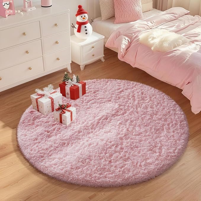 Ophanie Pink Round Rug for Bedroom Girls, Kids Fluffy Kawaii Fuzzy Shag Circle Circular Area Rugs, Cute Plush Christmas Small Carpet 3.6Ft, for Teen Baby Nursery Home Living Room Dorm Decor Aesthetic