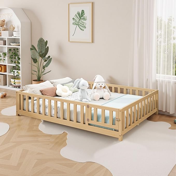 Full Size Floor Platform Bed with Fence and Lockable Door, Wood Montessori Bed Frame with Slat Support for Kids,Girls,Boys, Easy to Assemble,Natural