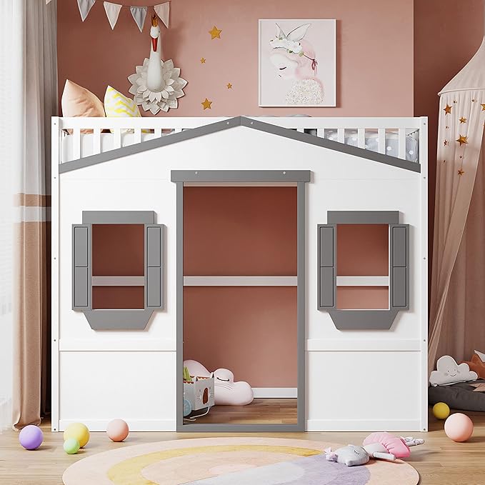 Twin Size Loft Bed with Safety Guardrail for Kids Boys Girls, Playhouse Design Solid Wood Loft Bed Frame with Ladder and Windows, Strong Wood Slats Support, Space-Saving (White+g Twin)