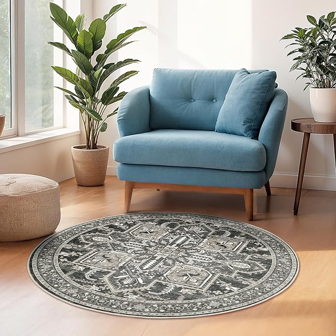 WITSHOCK Area Rug Round Rugs, 4Ft Oriental Circle Area Rugs for Living Room Machine Washable Non Slip Stain Backing Rug Soft Foldable, Vintage Rugs Home Office Kitchen Hallway Bedroom, Bitter Black