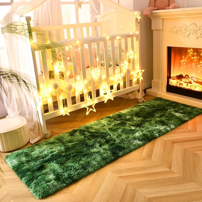 DweIke Fluffy Dark Green Runner Rugs for Bedroom, 2x6 Feet Soft Plush Long Moss Runners for Girls Boys Kids, Non-Slip and Machine Washable Bedside Rug, Small Throw Carpet for Hallway Rooms Decor