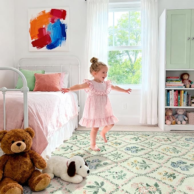 8x10 Washable Rug for Living Room,Green Floral Rugs for Bedroom,Boho Large Non Slip Ultra-Thin Distressed Farmhouse Carpet for Kids Playroom, Classroom, Girls Dorm, Nursery, Green Mult