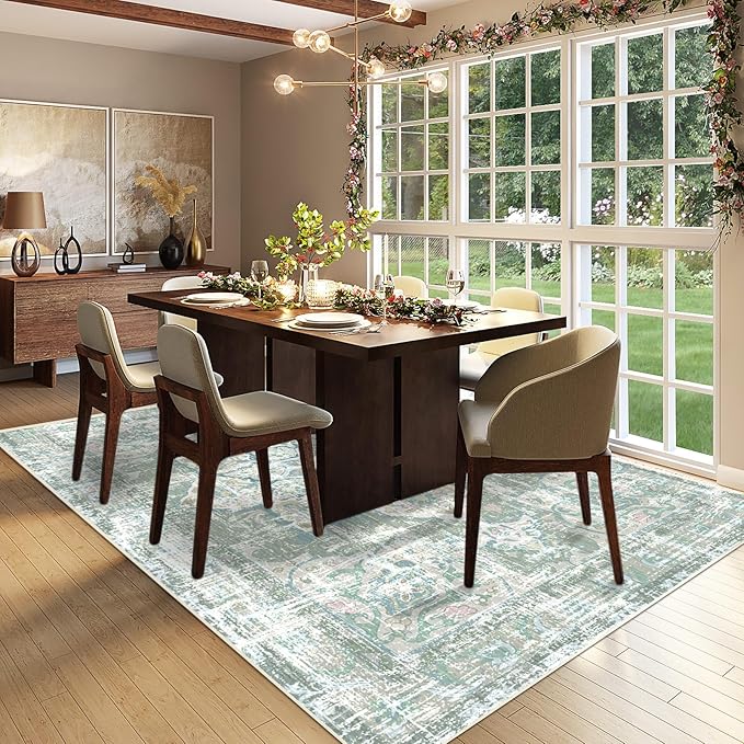 Vhong Washable Area Rugs Boho Vintage Neutral Modern Pale Green 6x9 Non Slip Small Carpet for Living Room Dining Room Bedroom Farmhouse