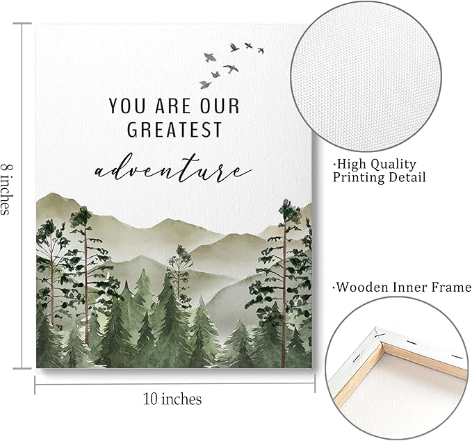 XWELLDAN You are Our Greatest Adventure Woodland Nursery Inspirational Wall Art Canvas Prints,Watercolor Forest Mountain Adventure Wall Art Decor for Kids Baby Bedroom Nursery, 8 x 10 Inch, Framed