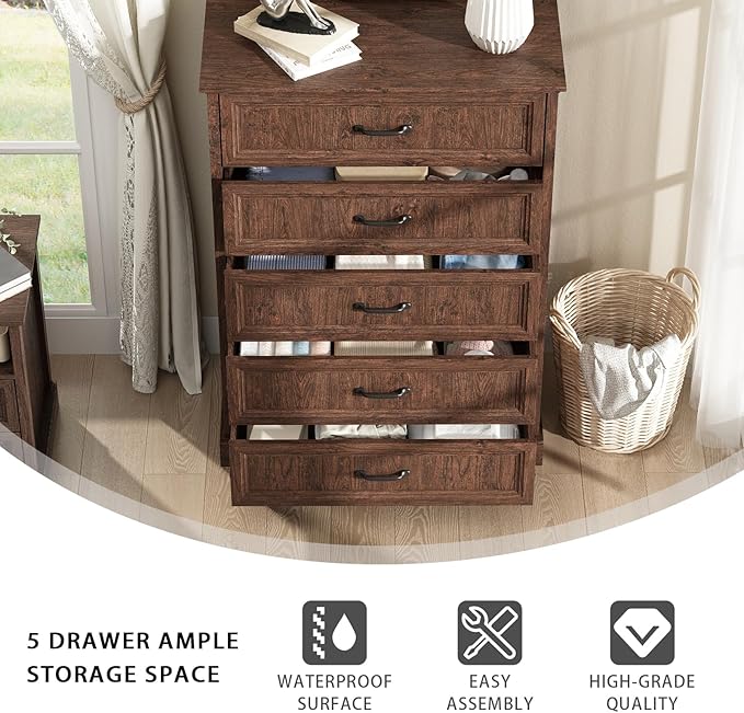 CARPETNAL Farmhouse 5 Drawers Dresser for Bedroom, 44" Tall Brown Dresser Wood Rustic Chest of Drawers with Wide Metal Handle,Natural Texture,Drawer Organizer for Bedroom,Living Room,Hallway