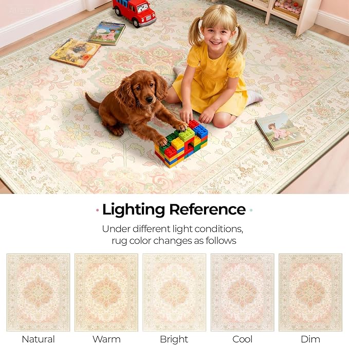 Machine Washable Rugs Nursery Rug 5x7 Cute Girl Non Slip Low Pile Water Repellent Soft Print Pattern for Bedroom Indoor Decor Kids Playroom Pinkgreen