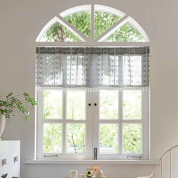 Deeprove Boho Valance Kitchen Short Curtain, Textured Striped Drape Semi Sheer Privacy Tier Embroidered Chic Window Treatment for Cafe Restaurant Closet, W52 x L18 inch Single 1 Panel Coal Grey