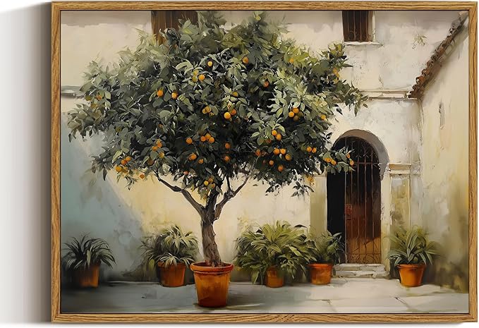 ARPEOTCY Vintage Framed Canvas Wall Art, 12x16inch, Farmhouse Courtyard with Orange Tree Wall Decor, Country Art Prints Home Decorations, Landscape Paintings for Living Room Bedroom Shelf Decor