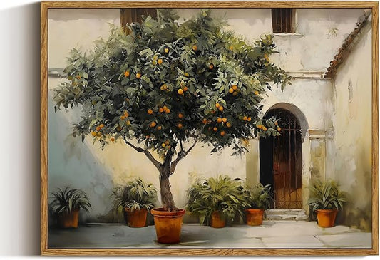 ARPEOTCY Vintage Framed Canvas Wall Art, 12x16inch, Farmhouse Courtyard with Orange Tree Wall Decor, Country Art Prints Home Decorations, Landscape Paintings for Living Room Bedroom Shelf Decor