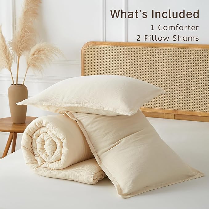 Muslin Comforter Set Queen Size, Cotton Cover & Polyester Filling, Breathable & Linen Like & Suitable for All-Season Use,3 Pieces(1 Comforter 90"x90", 2 Pillow Shams 20"x26"), Off White