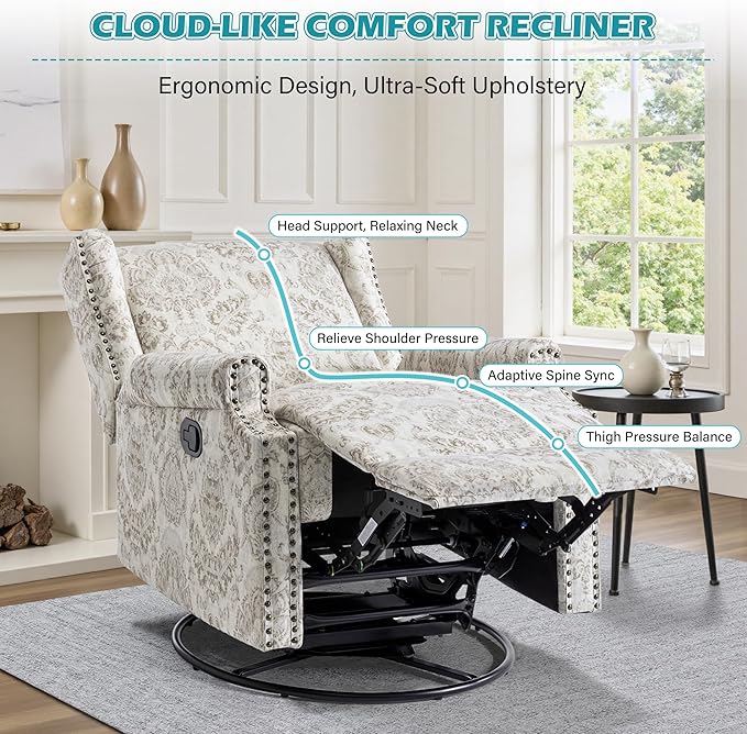 UIXE Swivel Glider Recliner Chairs Set of 2, High Back Nursery Rocker Fabric Accent Chair for Living Room, Rivet Trim Upholstered Armchair Manual Reclining Sofa Seating - Beige Floral