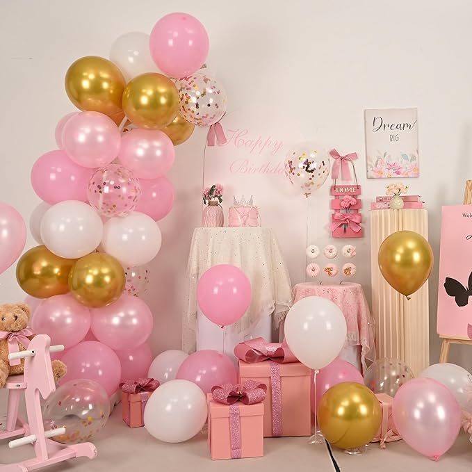 Pink and Gold Balloons, 12 Inch Light Baby Pink White and Gold Confetti Balloons for Girls Princess Birthday Baby Shower Bridal Shower Wedding Graduation Party Decoration