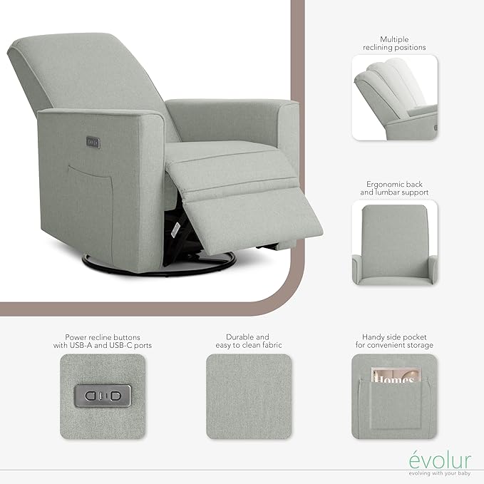 Evolur Harlow Upholstered Power Glider Recliner with USB Charging – Rocking & 360° Swivel with Smooth Glide – Greenguard Gold & FSC Certified – Modern Nursery and Living Room Chair in Light Grey