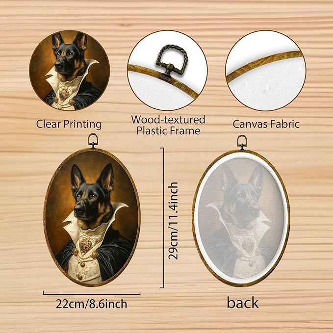Hiuwevt Vintage German Shepherd Oval Wall Art Decor, German Shepherd Gifts Framed Canvas Prints, Renaissance Style Dog Oval Wall Hanging Decor for Bedroom Living Room Decorations, 8.6x11.4 Inches