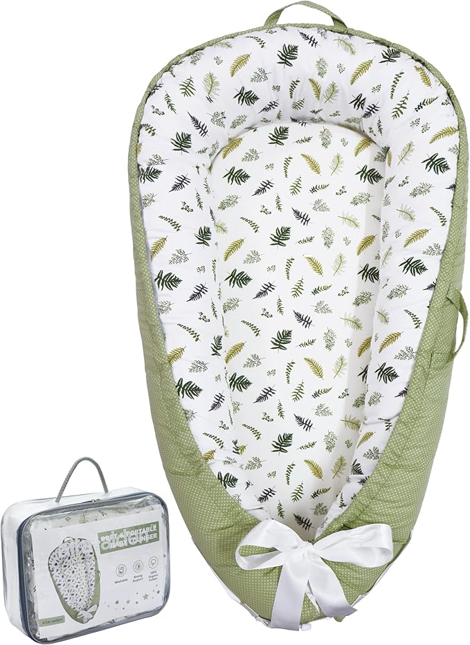 Baby Lounger | Organic Cotton Infant Lounger | Reversible, Adjustable & Portable Floor Lounger |Supervised Use | Soft, Breathable, Washable Cover - Star Collection (Sage Leaf)