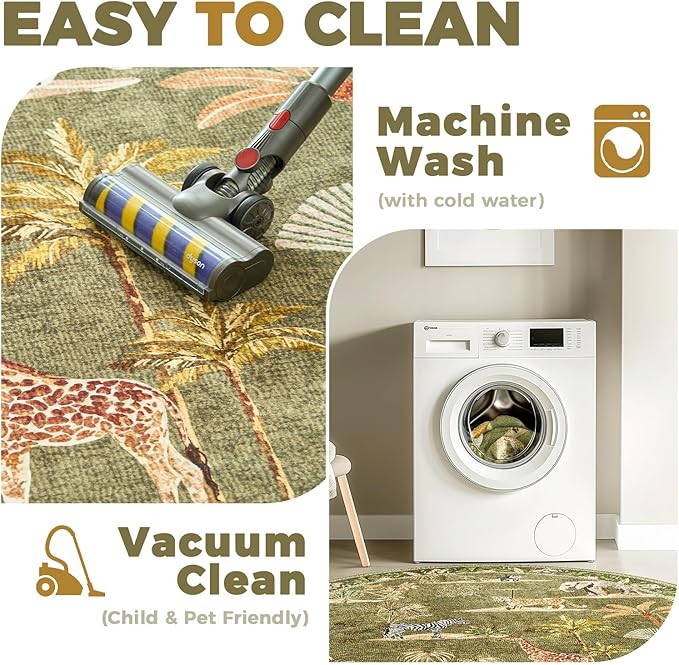 jinchan 3x5 Green Jungle Rug Washable Throw Entryway Rug Animals Print Kitchen Mat Indoor Ultra-Thin Low-Pile Non-Slip Soft Botanical Accent Christmas Carpet for Bedroom Laundry Room (3'x5', Green)