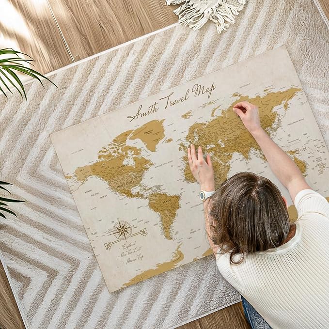 ElephantStock - Personalized Travel Push Pin World Map Wall Art - Horizontal Canvas Wall Art - Living Room Wall Decor - Digital Art Map Canvas Art - Orange And Beige Decor - 39" x 26"