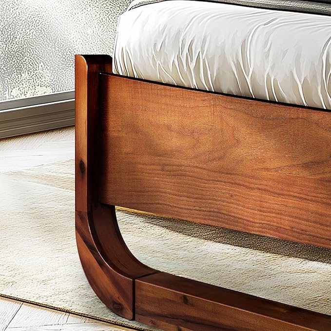 Sunset Deluxe Solid Acacia Wood King Size Platform Bed Frame with Tall Headboard, Mid-Century & Art Deco Design, No Box Spring Needed, Strong Wood Slat Support, Easy Assembly, Walnut