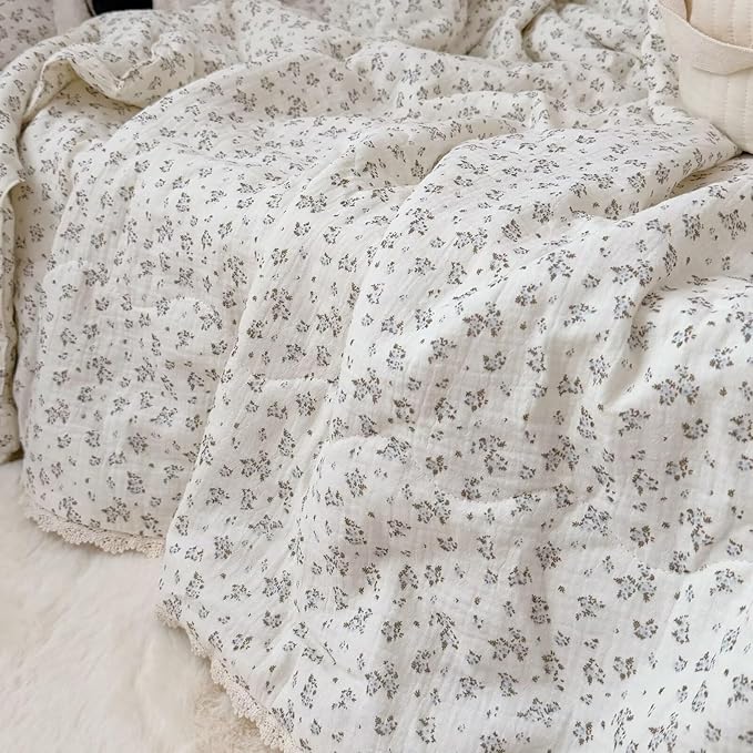 BuLuTu Chic Floral Kids Quilt 100% Cotton Muslin Comforter for Twin Bed/Toddler Bed, Blue Brown Flower Quitled Blanket Lace Edges Comforter for Toddler Girls Boys, 47x59 Inches, No Pillow