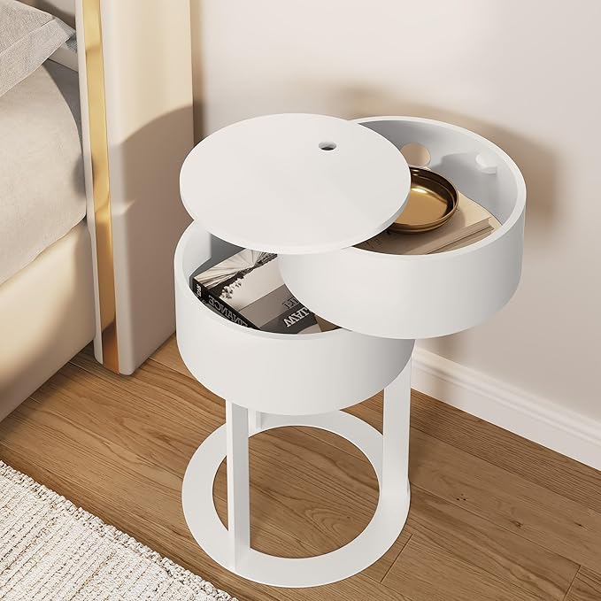 Round Side Table with Hidden Storage Drawers, Modern Nightstand with Swivel Drawer, Minimalist Bedside Table for Bedroom, Living Room, White