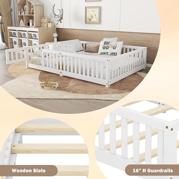 Bellemave Queen Size Floor Bed Frame with Slats and Safety Guardrail, Wood Queen Size Montessori Floor Bed with Door and Fence, Easy Assemble Montessori Beds for Kids, Girls, Boys, White
