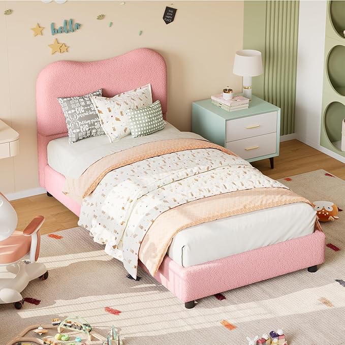 Senfot Pink Twin Kids Bed Frame with Upholstered Headboard, Low Profile Sturdy Platform Bed with Soft Boucle Fabric for Girls and Boys, Heavy Duty, Wooden Slats, Noise Free, No Box Spring Needed