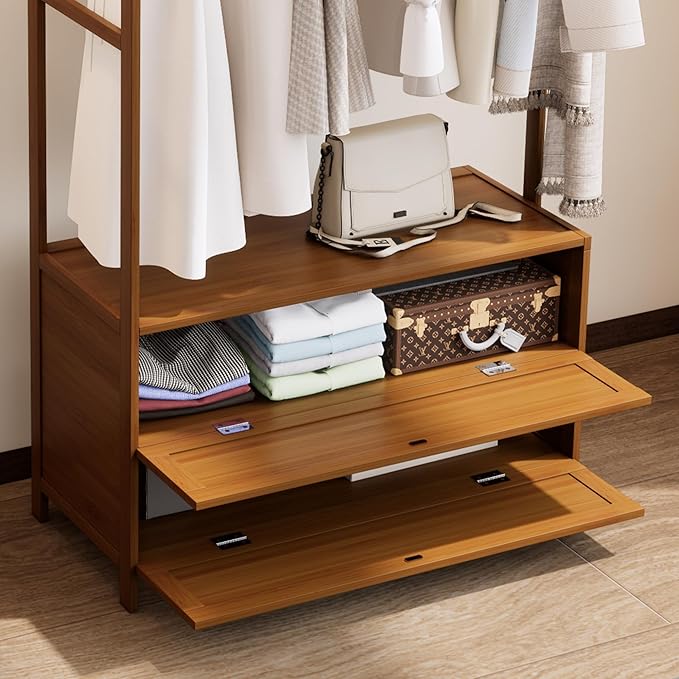 Clothing Rack with Shelves,Bamboo Clothes Rack,Tawny Clothes Rack Hanging,Drawers Hanging Racks,Garment Racks with Shelves (27.6inch Width Tawny)