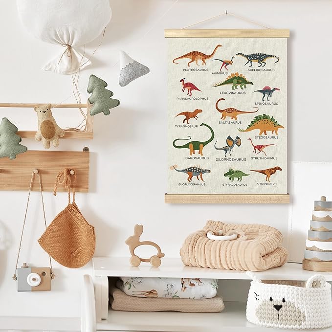 BCUANGD Dinosaur Dino Wall Decor - Baby Toddler Boys Room Wall Art Poster Hanger with Wood Frames, Inspirational Hanging Canvas Decor for Kids Room Playroom Nursery Bedroom, 12x16 Inches