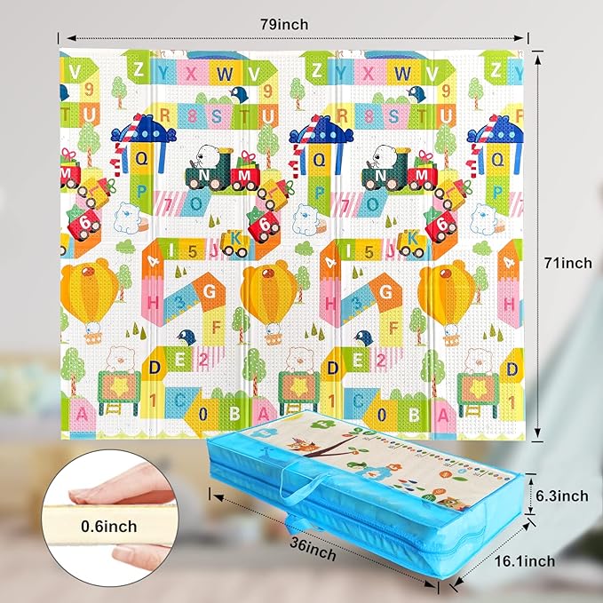 Mergren Extra Large Portable Baby Play Mat (79"×71" x0.6" Thickened Version), Foam Foldable Floor Crawling Mat with Reversible Double-Sided Patterns, Waterproof Anti-Slip, Indoor, Outdoor