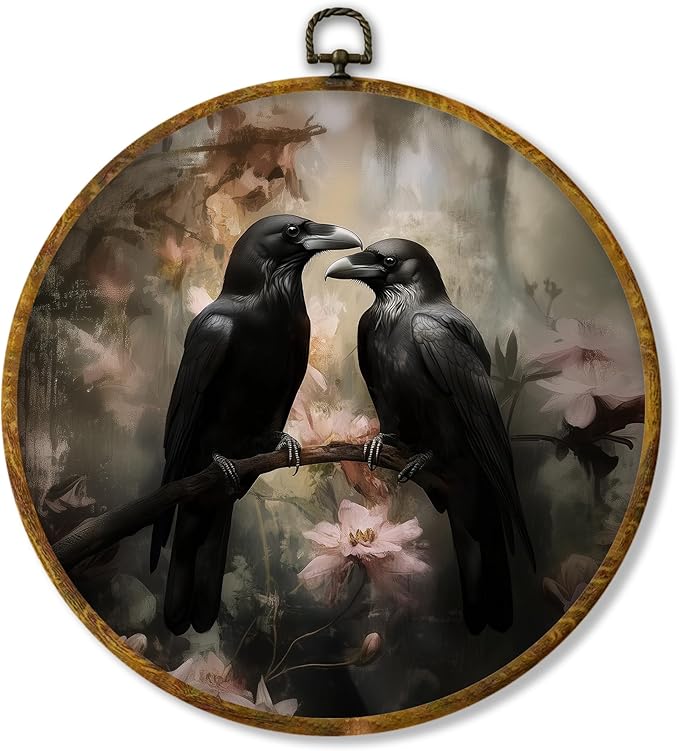 Hiuwevt Dark Academia Raven Round Wall Art Decor, Vintage Gothic Witchy Black Raven Floral Framed Canvas Prints, Mystical Crow Round Wall Hanging Decor for Bedroom Home Decorations, 10x10 Inches