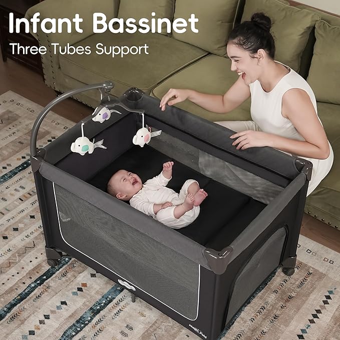 Pamo Babe 1-Second Setup Pack and Play for Babies - Portable Crib with Zip Door & Changing Table