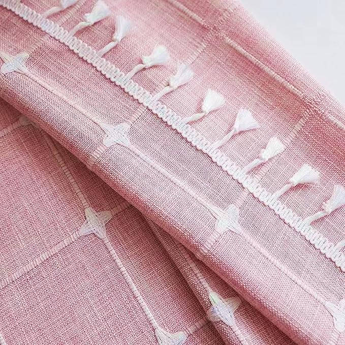 Deeprove Pink Boho Curtains 84 Inches Long for Girl's Bedroom Nursery Room, Cotton Linen Plaids Embroidery Semi Blackout Bohemian Window Treatment Grids Drape Tassels, 1 Panel W52 x L84