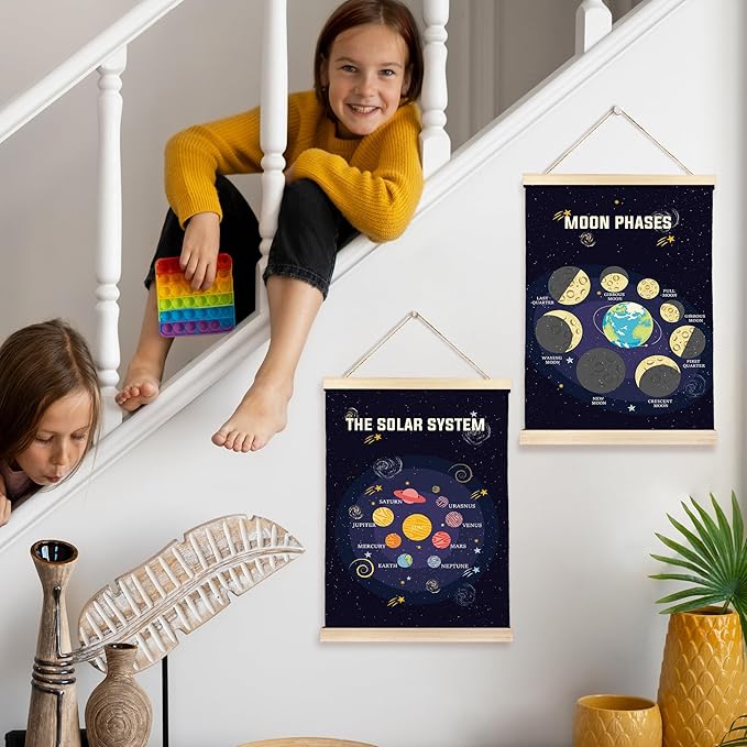 Hiuwevt Solar System Poster Hanger Frame, Space Nursery Decor, Mystical Cosmic Educational Wall Art Decor for Kids Boys Room Nursery Classroom Home, 12x16 Inch Set of 2