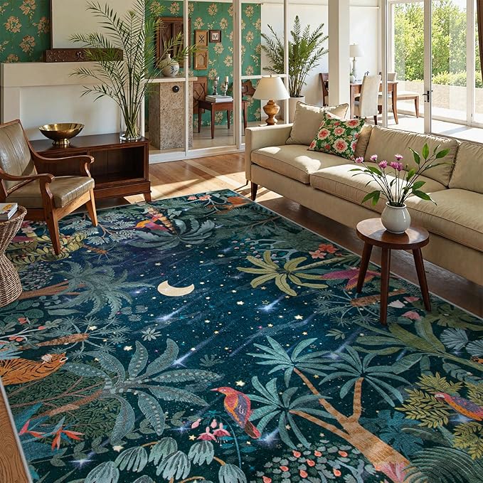 Lahome Midnight Jungle Rug, 9x12 Green Forest Living Room Dining Room Rug, Washable Large Carpte for Bedroom Classroom Non Slip Non Shedding Floor Carpet for Guestroom Office