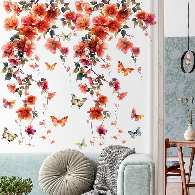 2 Sheets Removable Hanging Red Vine Flowers Wall Decal DIY Colorful Flying Butterfly Wall Decal Self-Adhesive Art Decor for Girls Room Living Room Bedroom Office TV Backdrop Home Decor