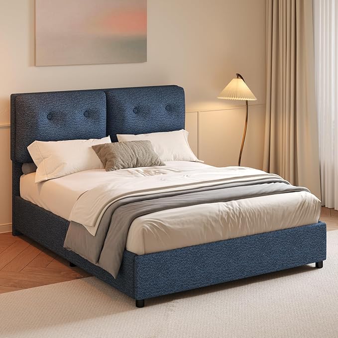 Full Size Bed Frame with Headboard, Cloud Boucle Upholstered Bed Frame, Modern Soft Style, Adjustable Headboard, No Box Spring Needed, Easy Assembly, Blue