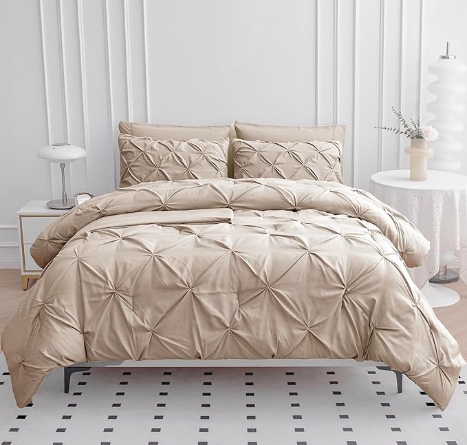 LANE LINEN Twin Comforter Set - 5 Piece Pintuck Twin Bedding Set in A Bag, Pinch Pleat Comforter, Sheets, Pillowcases & Shams - Beige