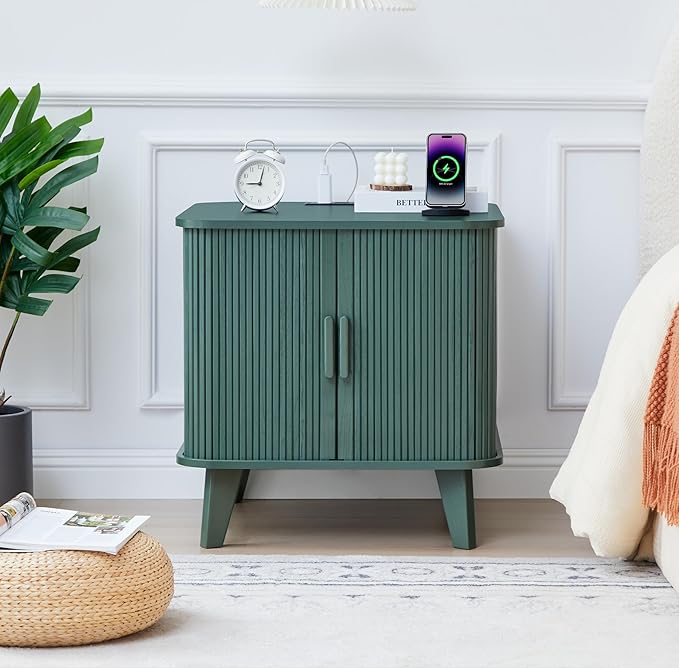 AVZEAR 24" Large Fluted End Table with Charging Station, Farmhouse Sofa Side Table with Sliding Tambour Door & Storage, Curved Rustic Wood Nightstand for Living Room, Bedroom, Green