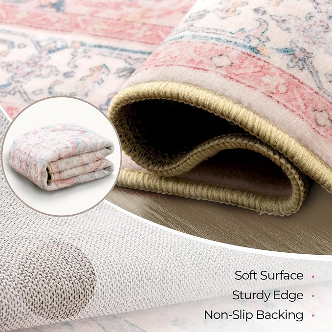 Machine Washable Rugs Nursery Rug 2x6 Cute Girl Non Slip Low Pile Water Repellent Soft Print Pattern for Bedroom Indoor Decor Kids Playroom Pinkteal