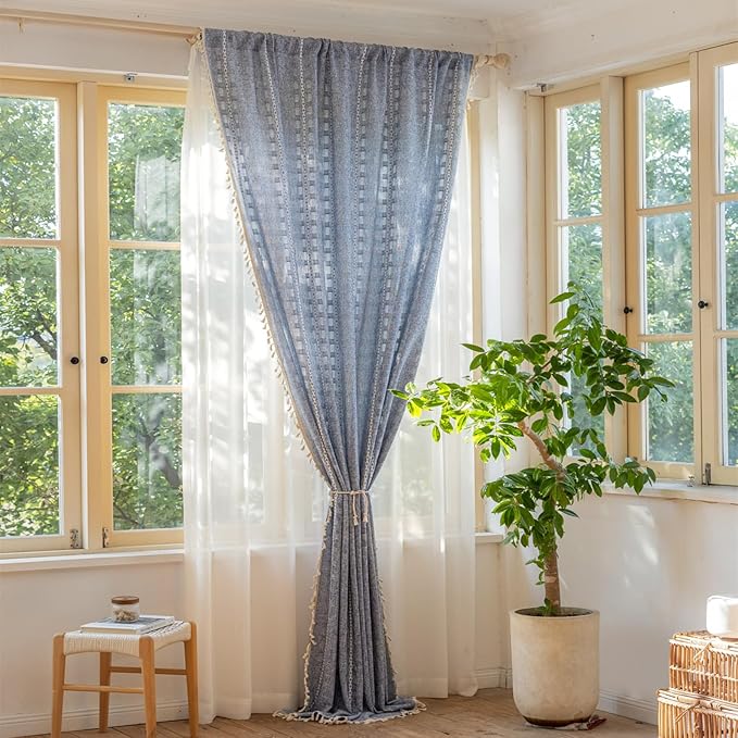 Deeprove Denim Blue Boho Curtain 84 inches Length for Bedroom Dining Room, Western French Bohemian Sheer 84 inches Long Stripe Embroidery Privacy Window Tassel Cottagecore W52 x L84, 1 Panel