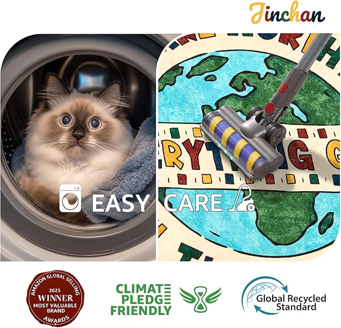 jinchan 5ft Round Rug Washable Fun Rug You are Worthy Playroom Mat Non Slip Cheerful Circle Cool Floor Cover Soft Cozy Low-Profile Emotional Support Throw Carpet for Kids Gift Teens Entryway Bedroom