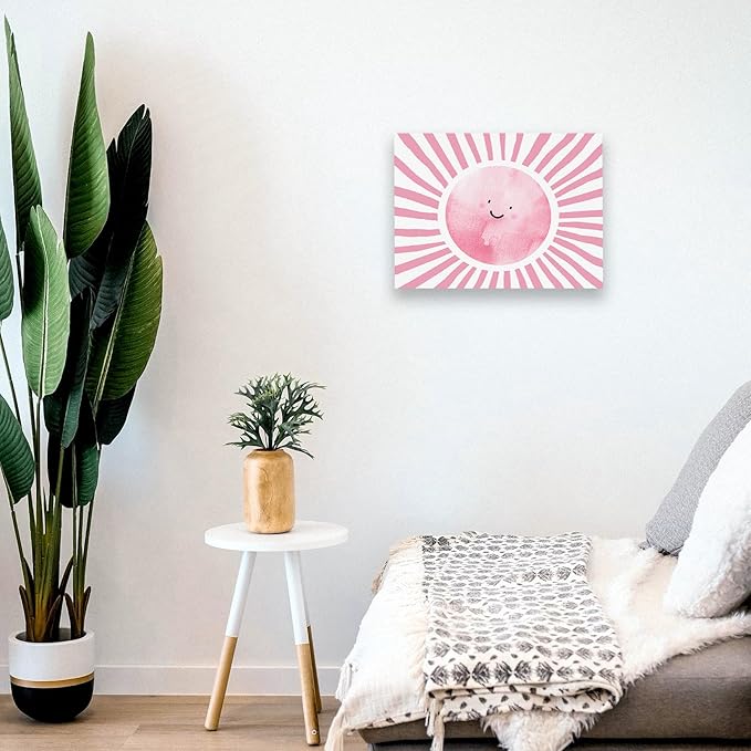 WODMIS Boho Sun Shunshine Wall Art, Cute Cartoon Smiling Watercolor Neutral Canvas Home Decor for Kids Baby Room Nursery Playroom, Pink 11x14
