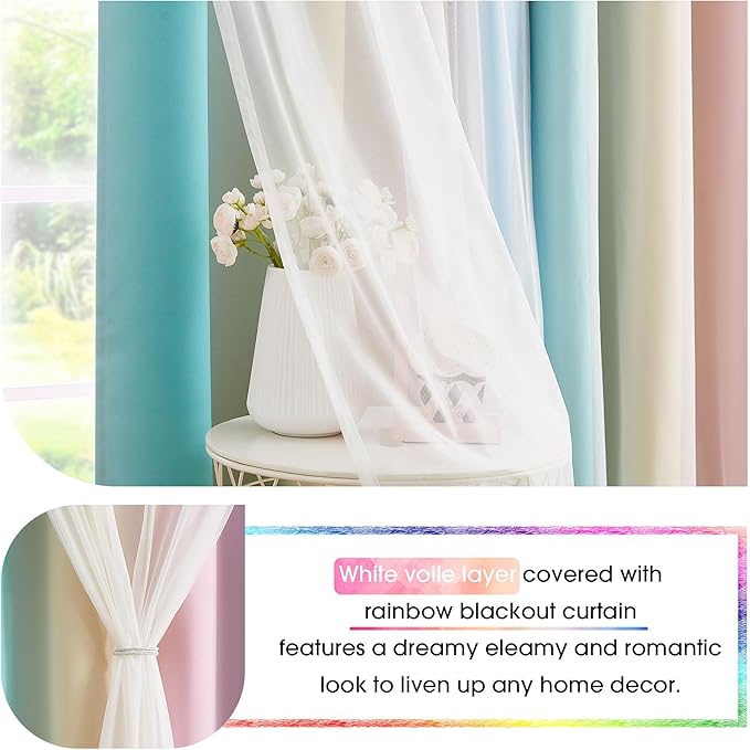 100% Blackout Curtains with Sheer Overlay Mix and Match Double Layer Drapes 84 Inch Long 2 Panels for Room Bedroom Ombre Rainbow Grommet Window Treatment with Tiebacks
