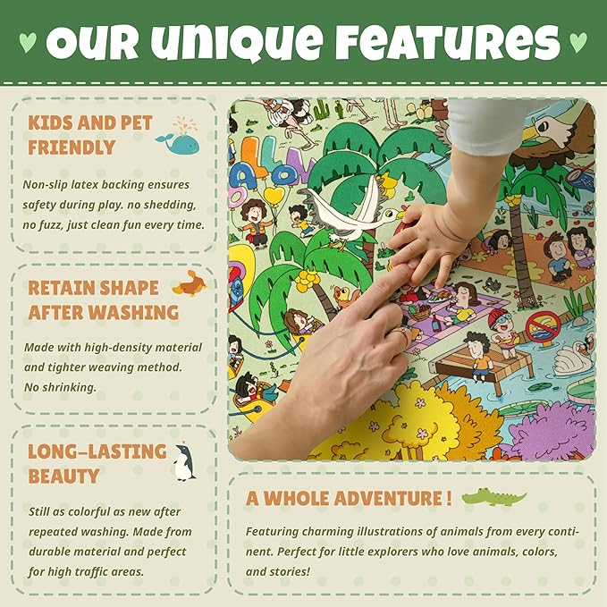 Whimsical Jungle Rug 6x9 for Kids Playroom – Bright Animal Safari, Forest & Playground Scene – Perfect for Classrooms or Play Corners