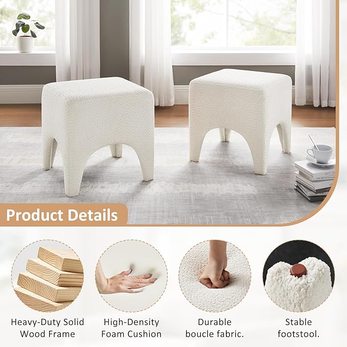 17" Boucle Modern Square Foot Stool Ottoman, Vanity Stool for Makeup, Rectangle Foot Rest for Couch, Upholstered Ottoman Stool for Living Room, Bedroom, Entryway (2, White)