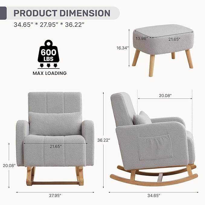 Rocking Chair with Ottoman, Nursing Glider Rocker with High Backrest and Side Pocket, Comfy Reading Chair with Solid Wood Legs for Nursery/Living Room/Bedroom Light Grey