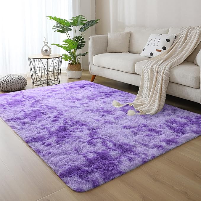 DweIke Fluffy Purple Shag Rugs for Bedroom Living Room, 8x10 Large Soft Plush Tie-Dyed Light Purple Girls Boys Kids Rug, Upgraded Non-Slip and Machine Washable Carpet for Dorm Nursery Classroom Decor